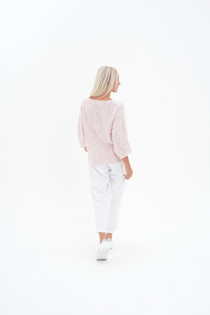 Carbon Aroma Cotton Hessian 3/4 Sleeve V Neck Top - Soft Pink