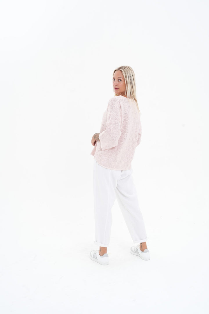 Carbon Aroma Cotton Hessian 3/4 Sleeve V Neck Top - Soft Pink