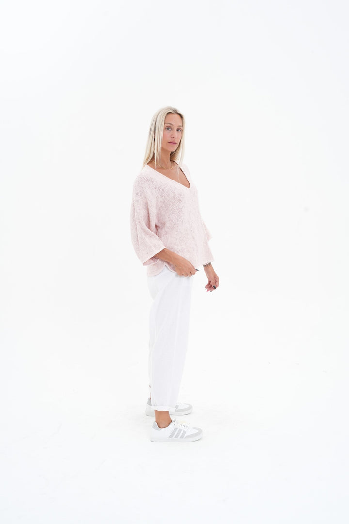 Carbon Aroma Cotton Hessian 3/4 Sleeve V Neck Top - Soft Pink