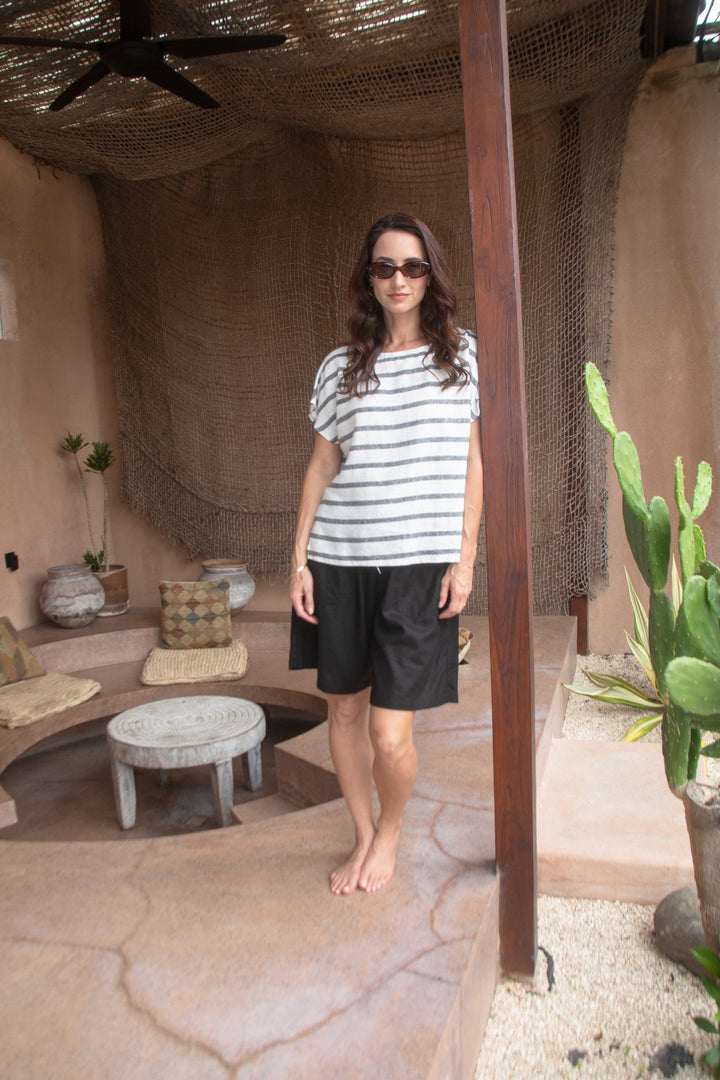 Carbon Sora Striped Linen Top - Charcoal/White