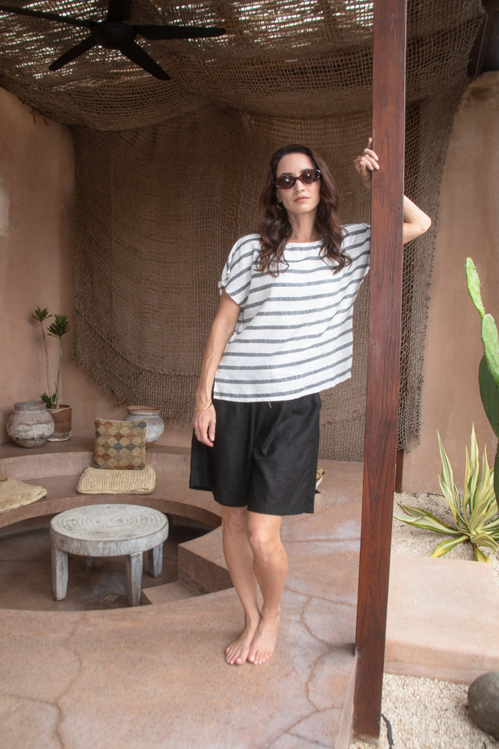 Carbon Sora Striped Linen Top - Charcoal/White