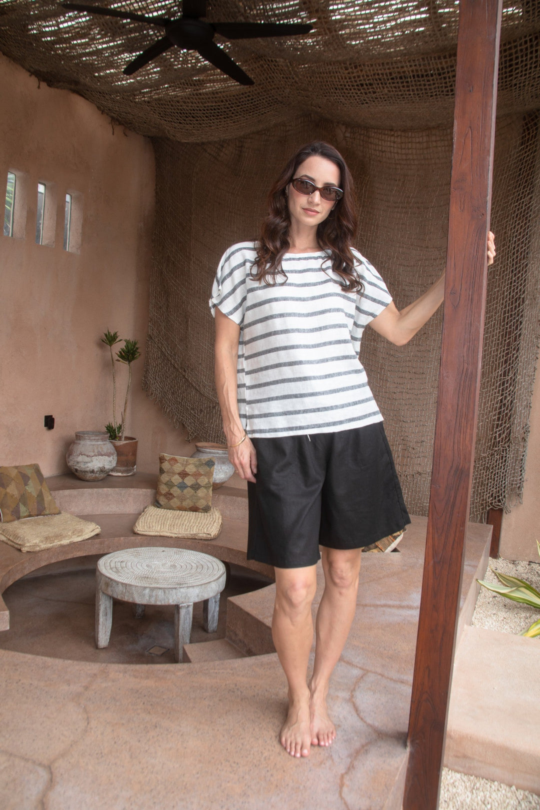 Carbon Sora Striped Linen Top - Charcoal/White