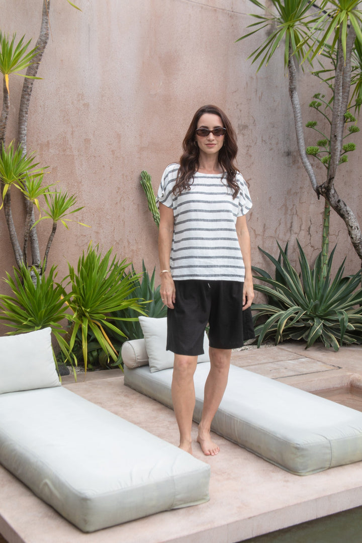 Carbon Sora Striped Linen Top - Charcoal/White