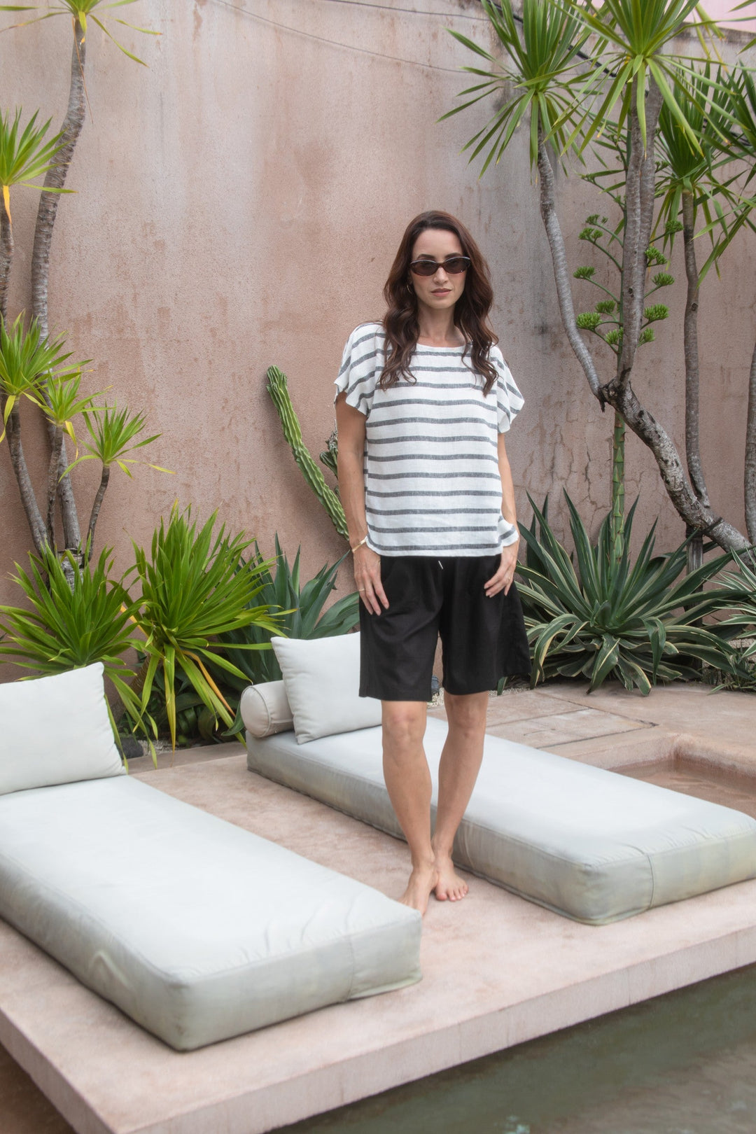 Carbon Sora Striped Linen Top - Charcoal/White