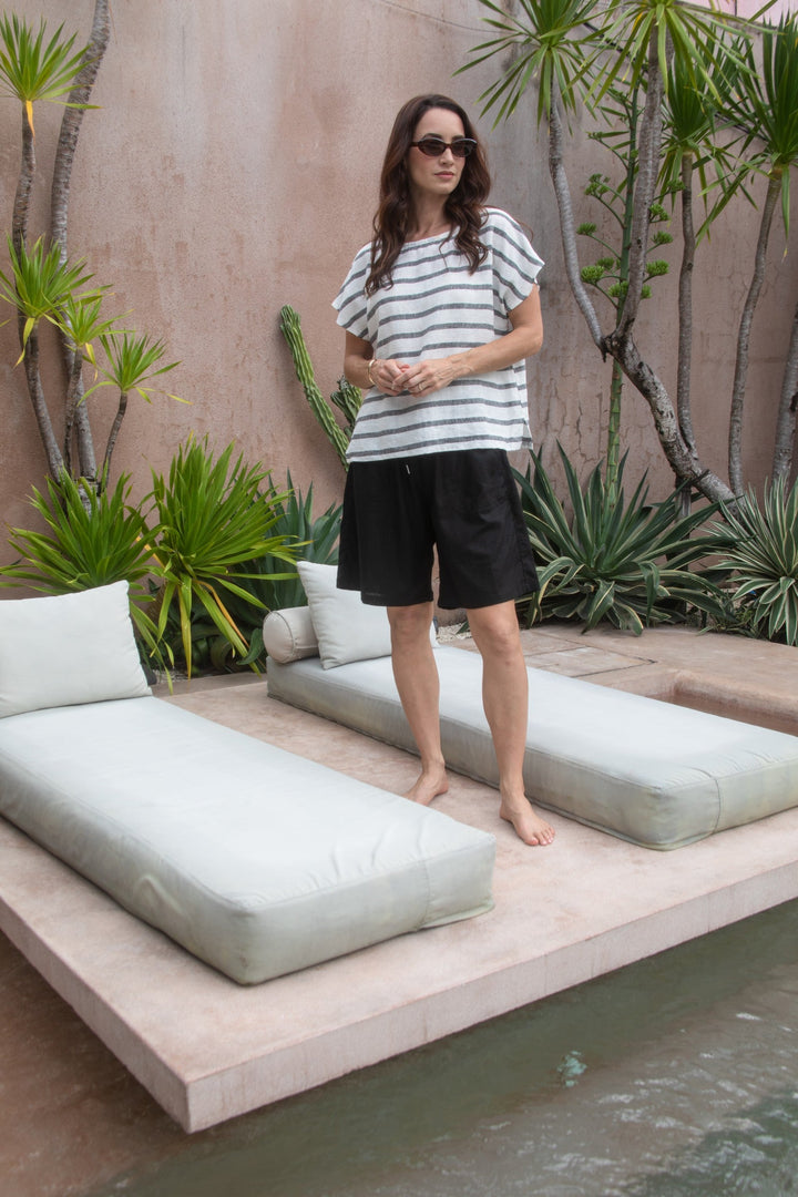 Carbon Sora Striped Linen Top - Charcoal/White