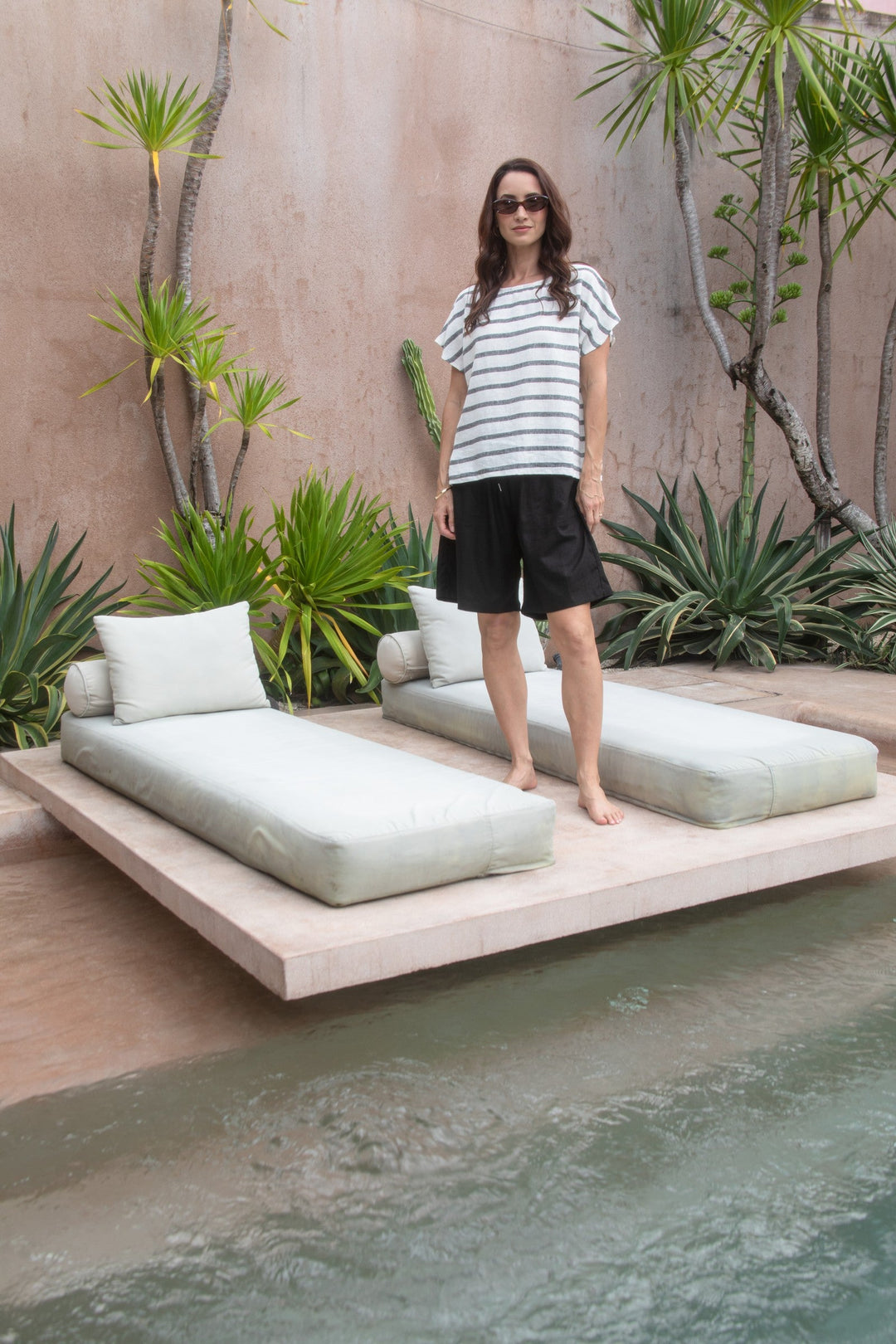 Carbon Sora Striped Linen Top - Charcoal/White