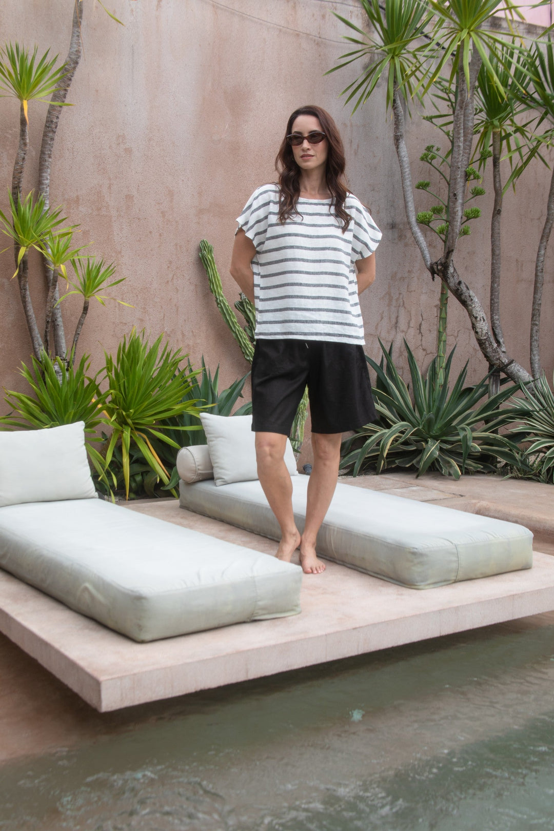 Carbon Sora Striped Linen Top - Charcoal/White