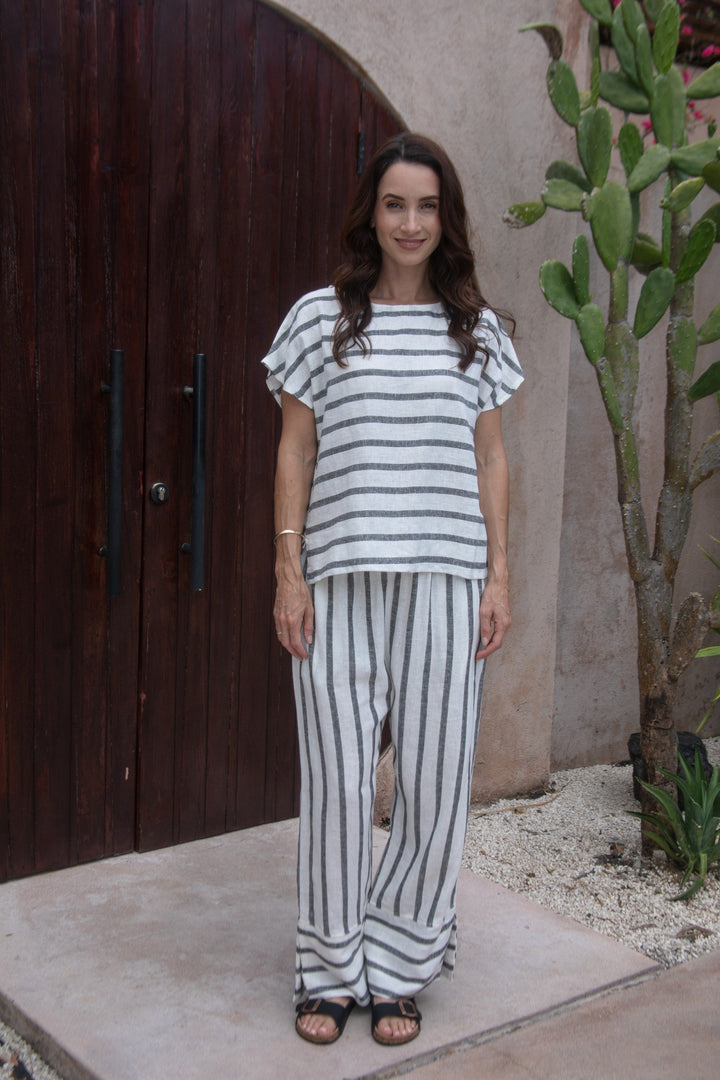 Carbon Sora Striped Linen Top - Charcoal/White
