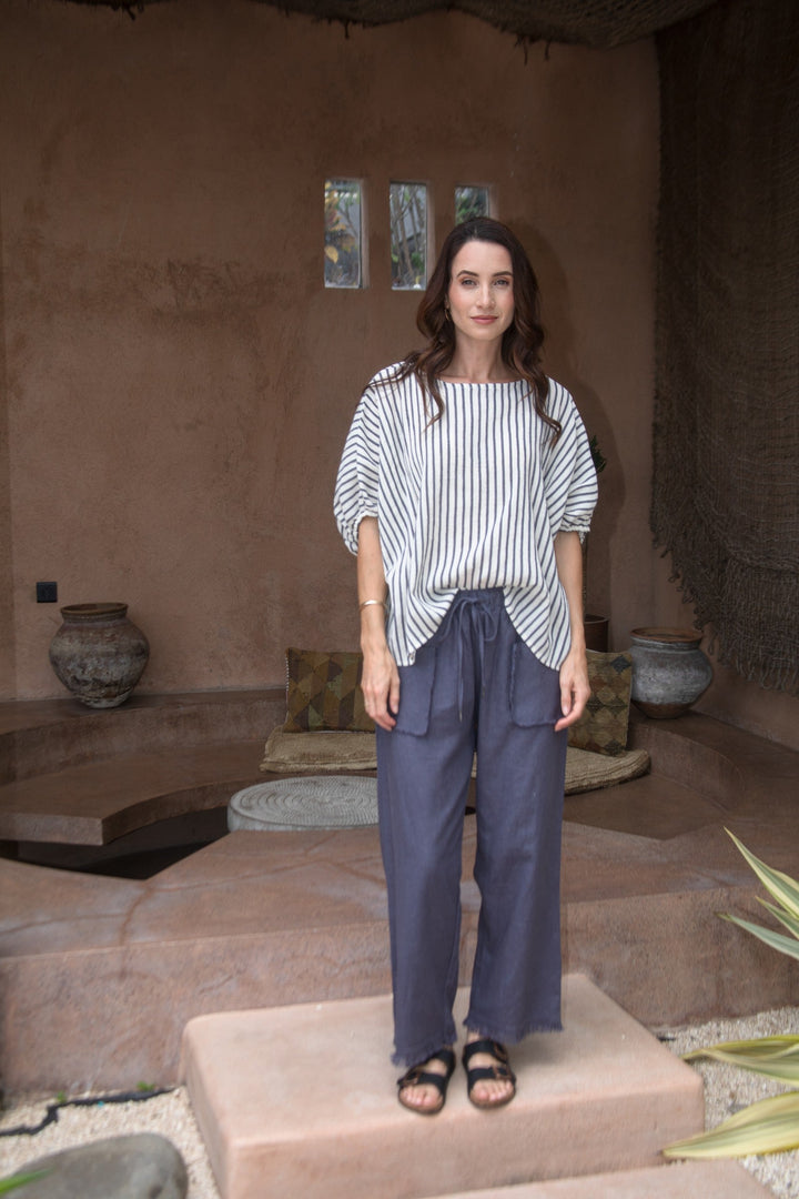 Carbon Axis Cotton Slouch Top - Slate Blue/White