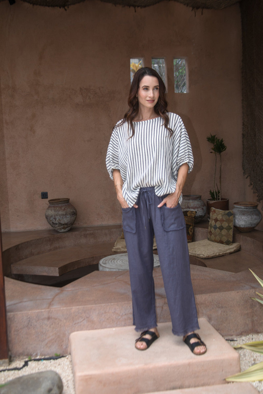 Carbon Axis Cotton Slouch Top - Slate Blue/White