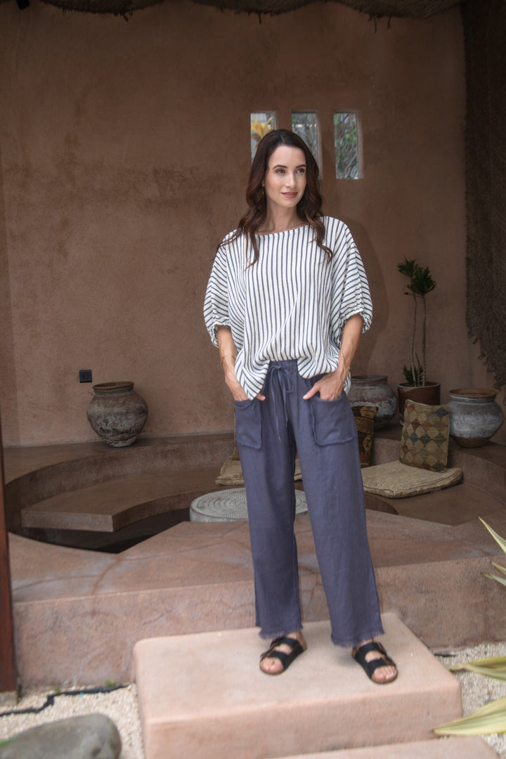 Carbon Axis Cotton Slouch Top - Slate Blue/White