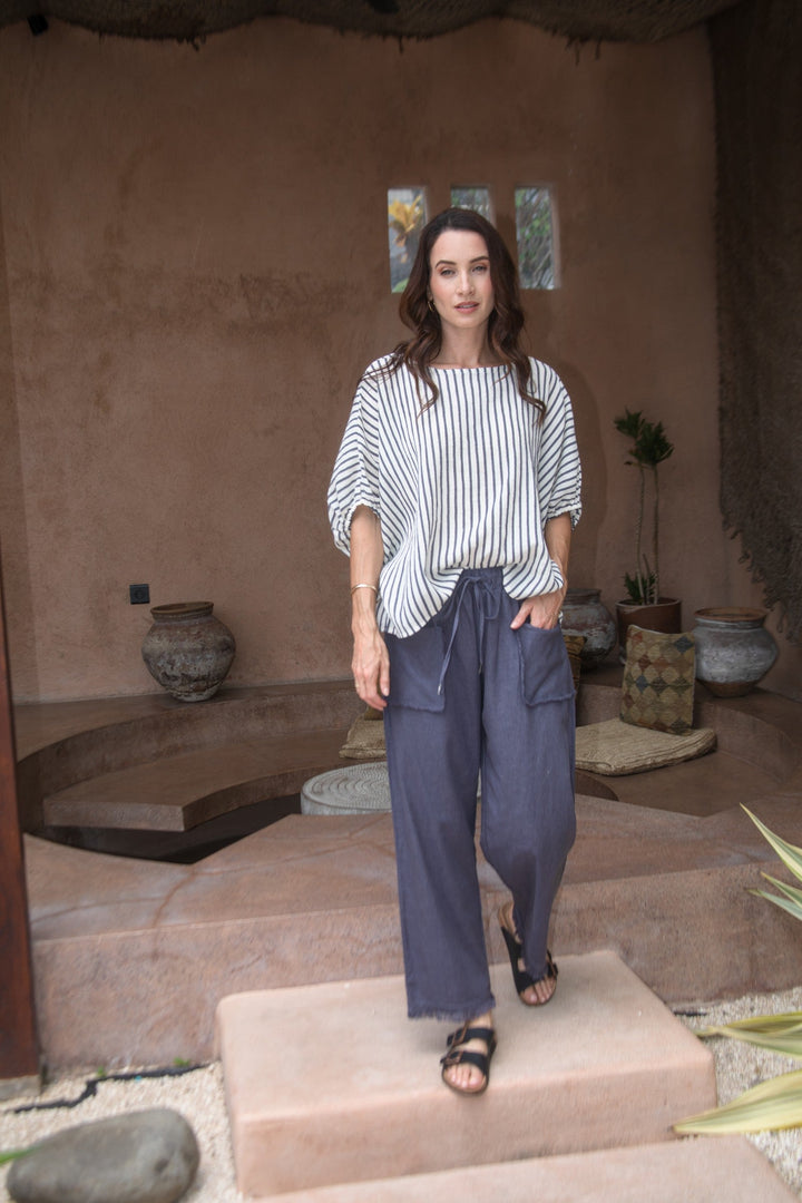 Carbon Axis Cotton Slouch Top - Slate Blue/White