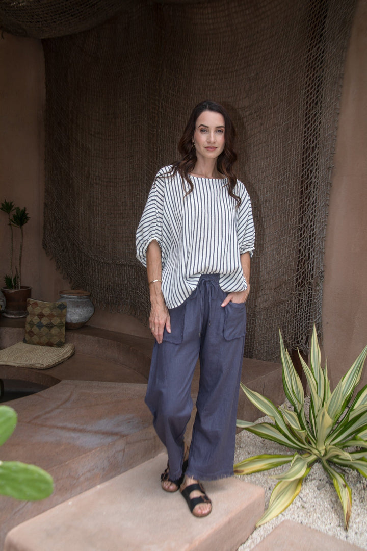 Carbon Axis Cotton Slouch Top - Slate Blue/White