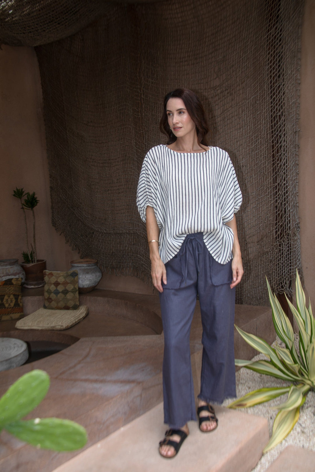 Carbon Axis Cotton Slouch Top - Slate Blue/White