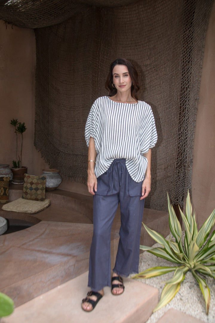 Carbon Axis Cotton Slouch Top - Slate Blue/White