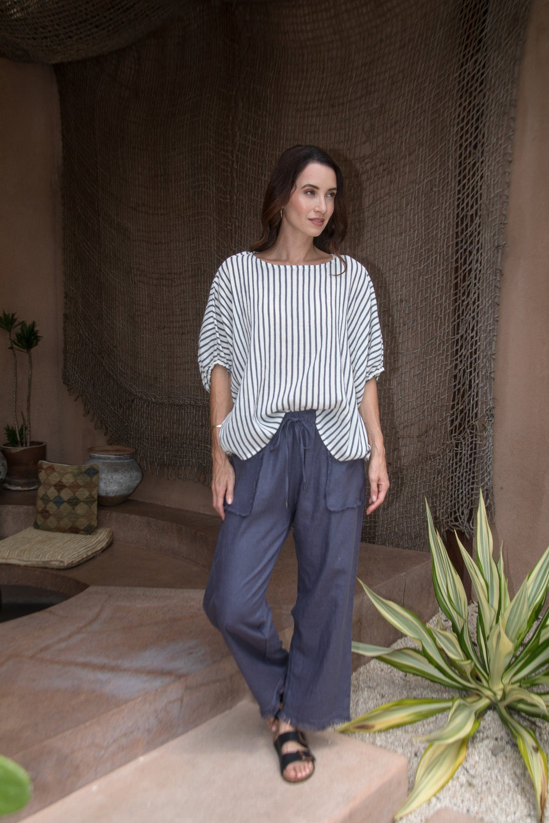 Carbon Axis Cotton Slouch Top - Slate Blue/White