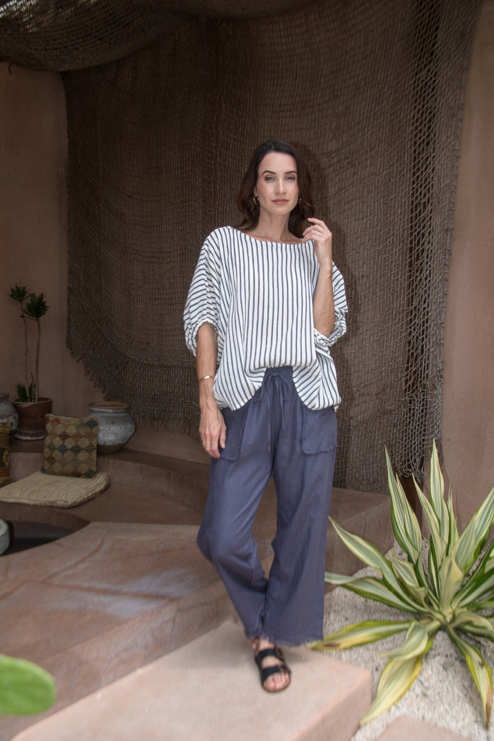 Carbon Axis Cotton Slouch Top - Slate Blue/White
