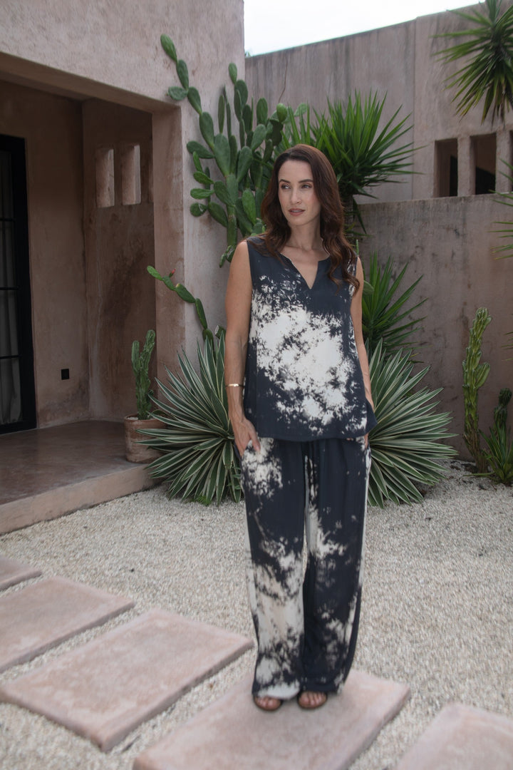Cloud Cut Out Tank in Black/Cream Ombre, worn with the Cloud Drawstring Pant Black / Cream Ombre