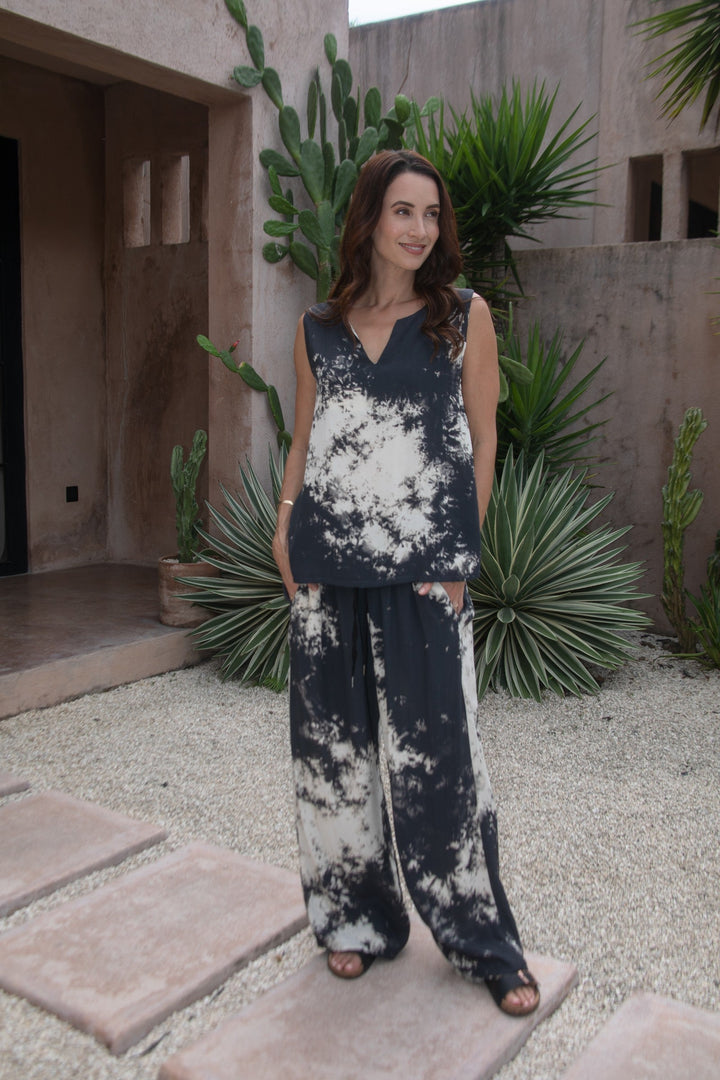 Cloud Cut Out Tank in Black/Cream Ombre, worn with the Cloud Drawstring Pant Black / Cream Ombre