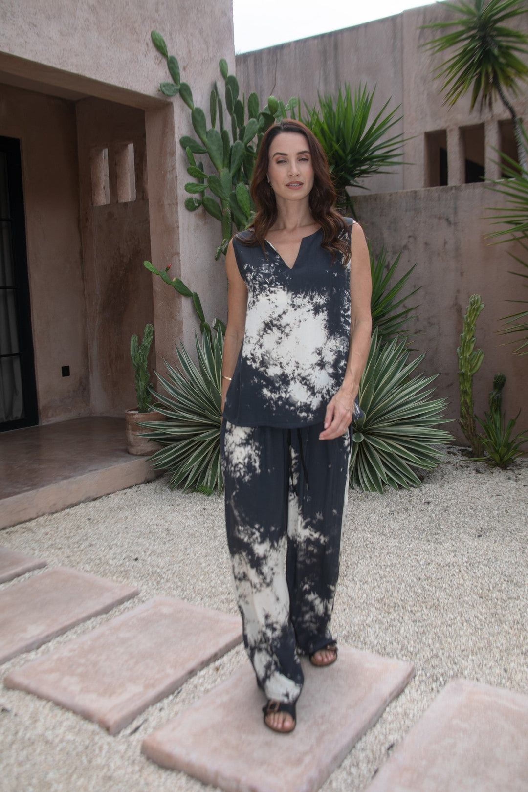 Cloud Cut Out Tank in Black/Cream Ombre, worn with the Cloud Drawstring Pant Black / Cream Ombre