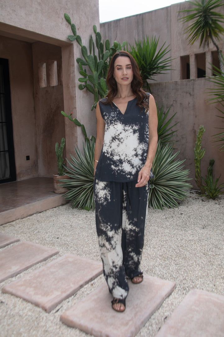 Cloud Cut Out Tank in Black/Cream Ombre, worn with the Cloud Drawstring Pant Black / Cream Ombre