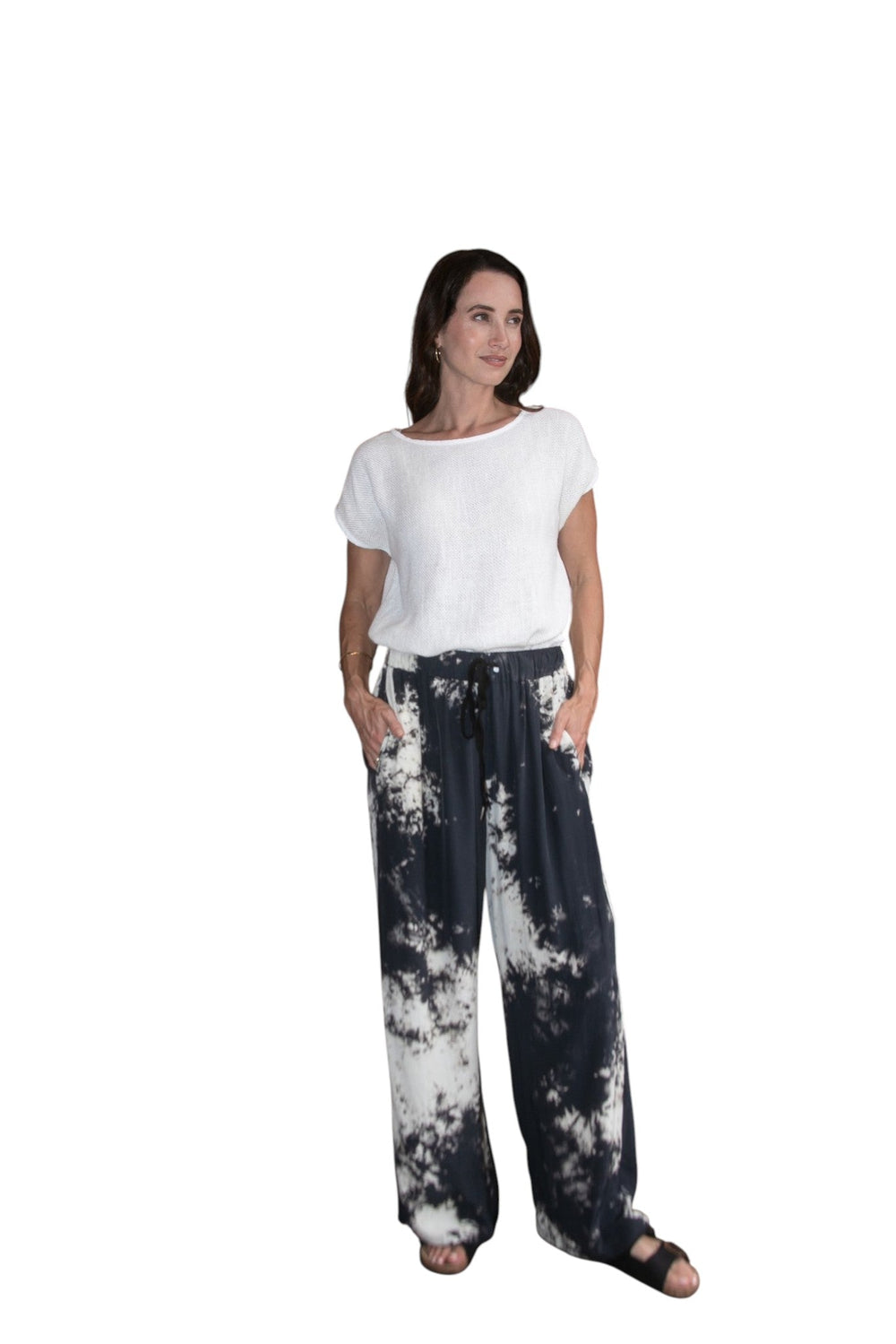 Cloud Drawstring Pant in Black/Cream Ombre, worn with the Cleo Hessian Top Natural White