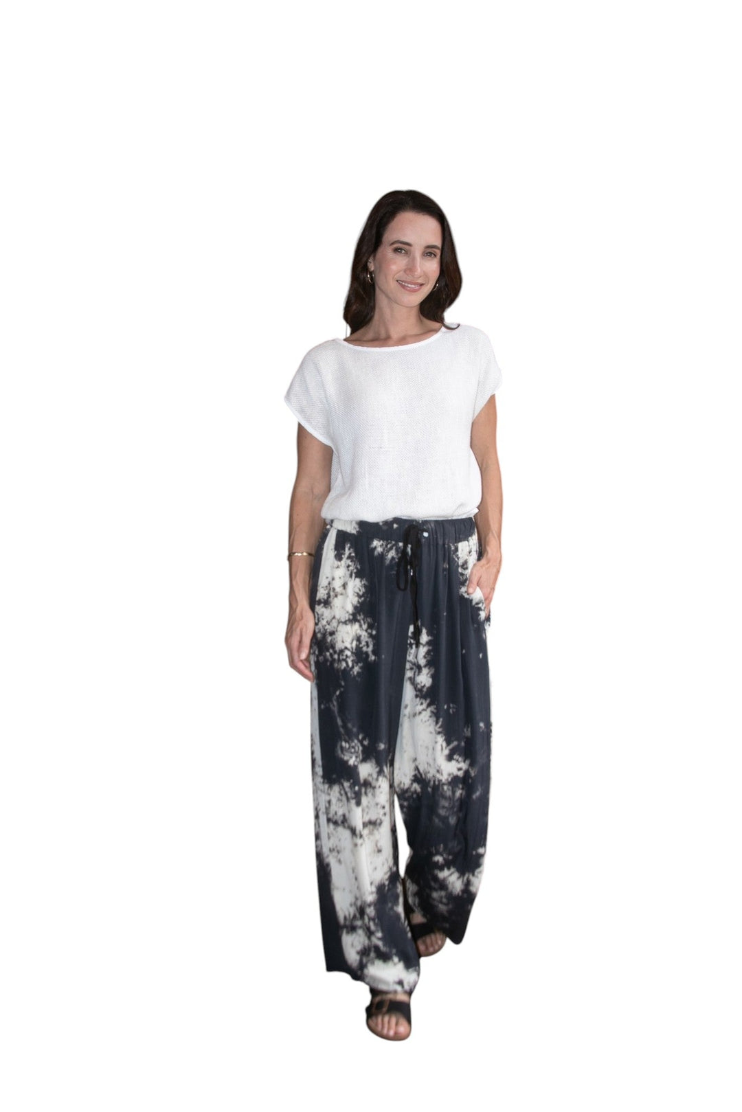 Cloud Drawstring Pant in Black/Cream Ombre, worn with the Cleo Hessian Top Natural White