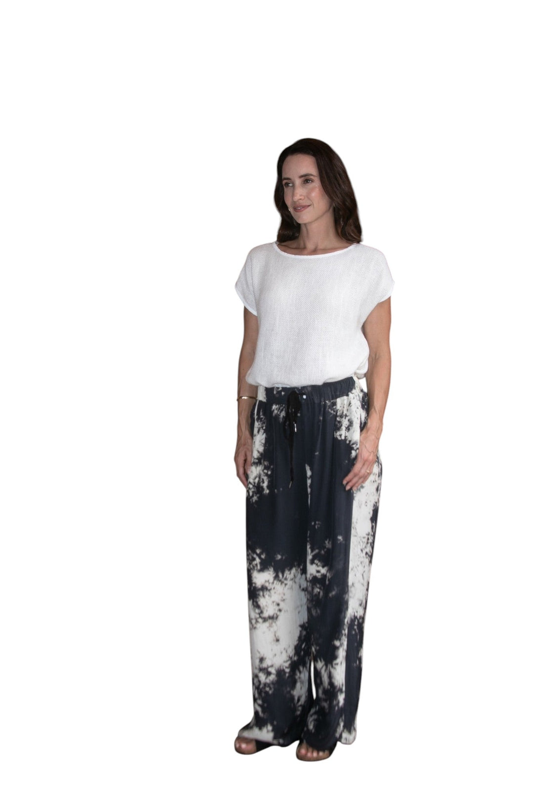 Cloud Drawstring Pant in Black/Cream Ombre, worn with the Cleo Hessian Top Natural White