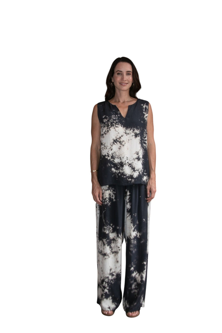 Cloud Drawstring Pant in Black/Cream Ombre, styled under the Cloud Cut out Tank Black cream Ombre