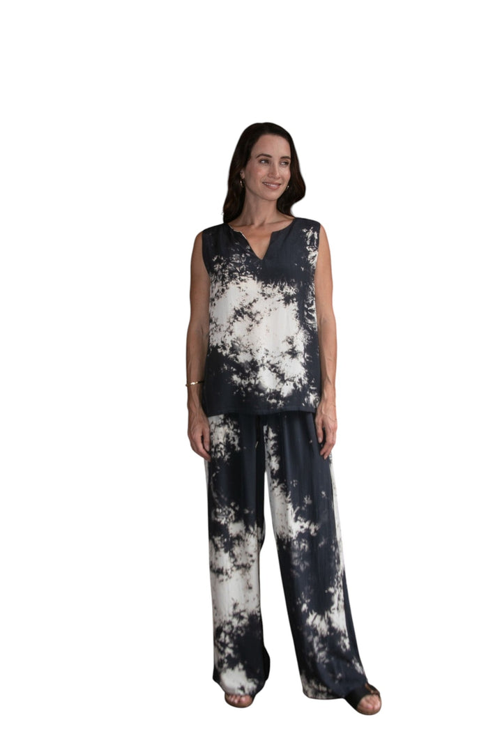 Cloud Drawstring Pant in Black/Cream Ombre, styled under the Cloud Cut out Tank Black cream Ombre
