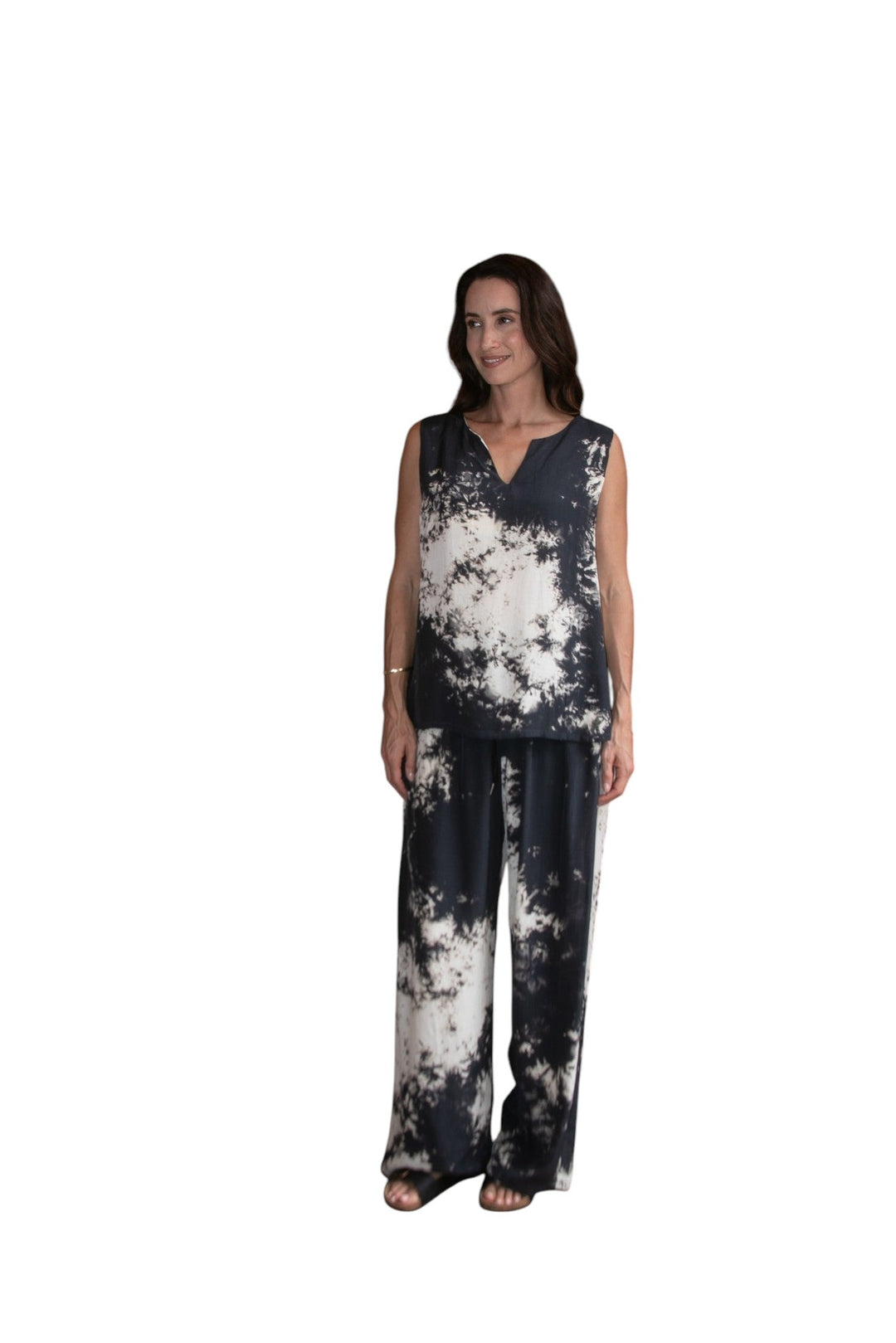 Cloud Drawstring Pant in Black/Cream Ombre, styled under the Cloud Cut out Tank Black cream Ombre