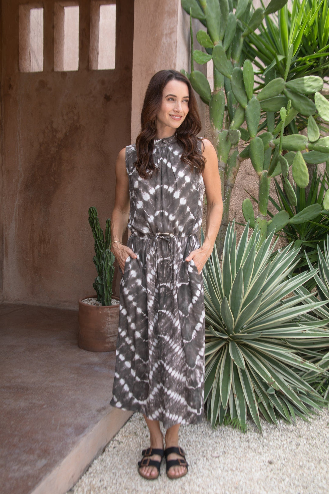 Zaza High Neck Midi Dress in Truffle/Cream, model shot 1