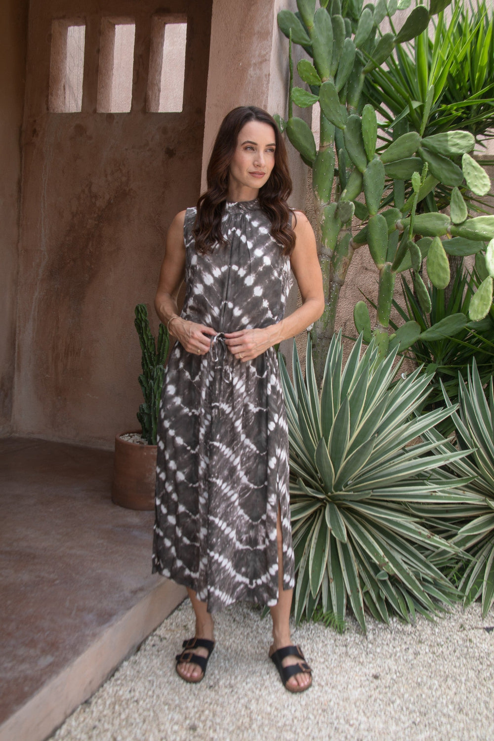 Zaza High Neck Midi Dress in Truffle/Cream, model shot 2