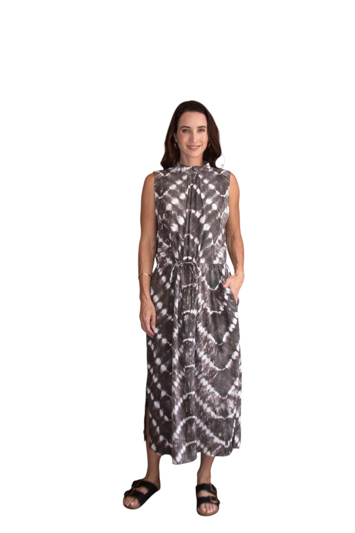 Zaza High Neck Midi Dress in Truffle/Cream, model shot 3