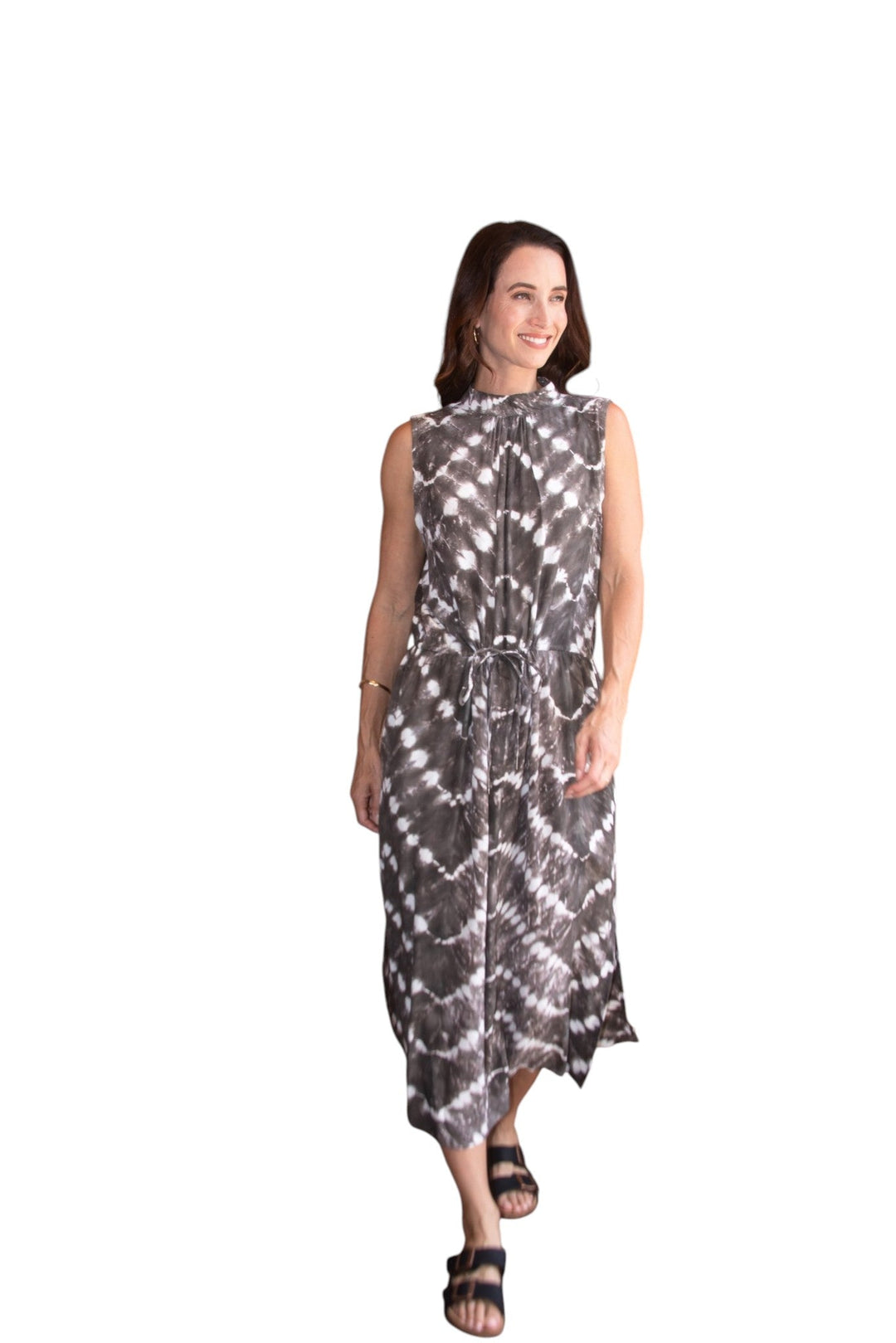 Zaza High Neck Midi Dress in Truffle/Cream, model shot 4