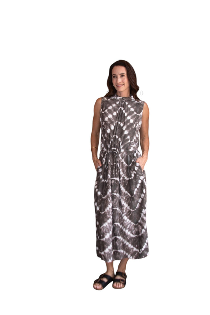 Zaza High Neck Midi Dress in Truffle/Cream, model shot 5