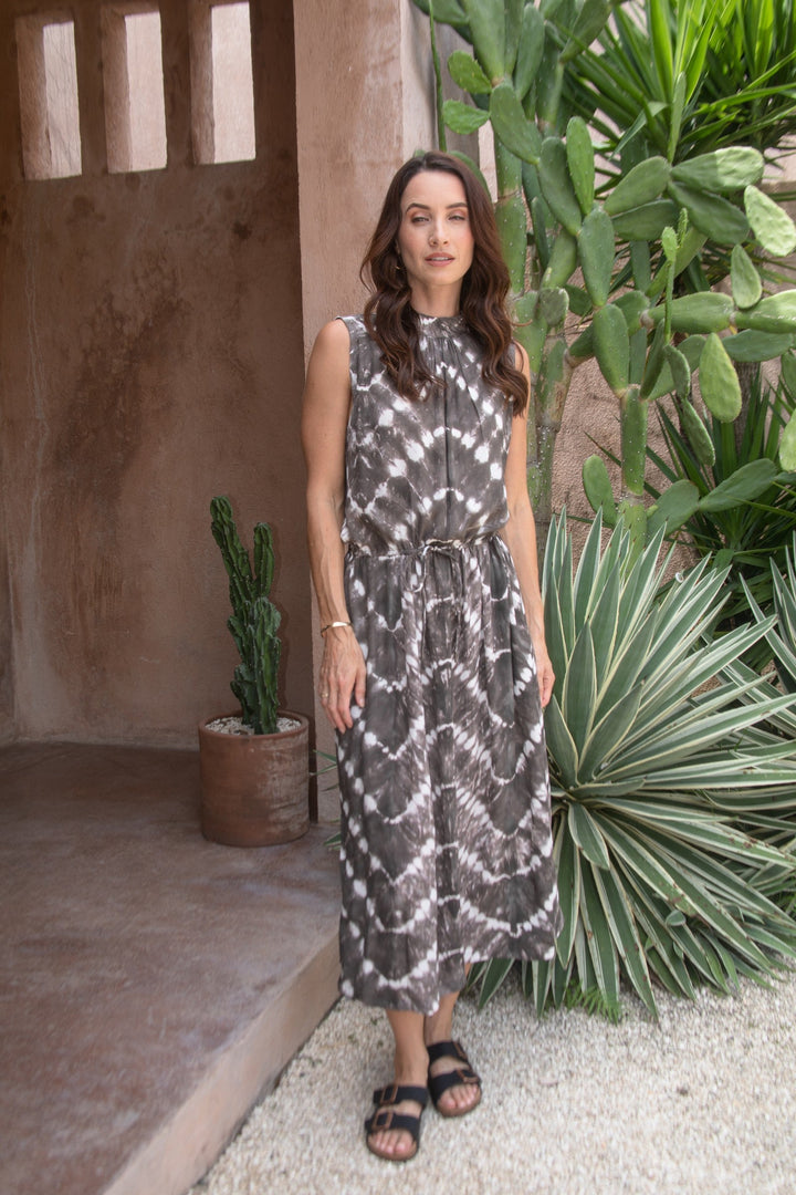 Zaza High Neck Midi Dress in Truffle/Cream, model shot 10
