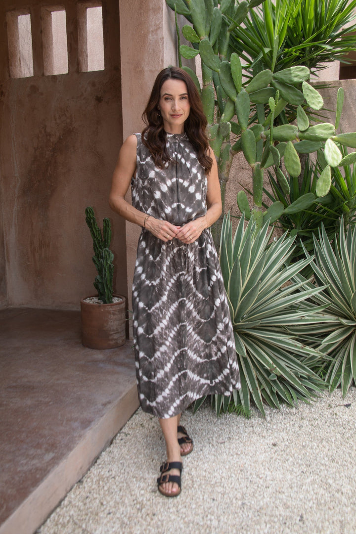 Zaza High Neck Midi Dress in Truffle/Cream, model shot 12