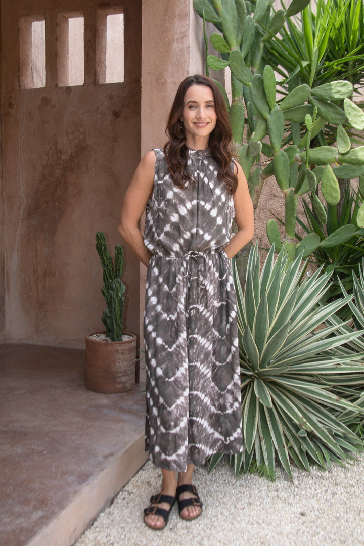 Zaza High Neck Midi Dress in Truffle/Cream, model shot 13