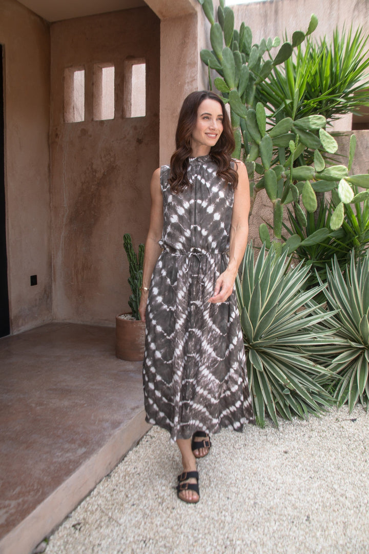 Zaza High Neck Midi Dress in Truffle/Cream, model shot 15