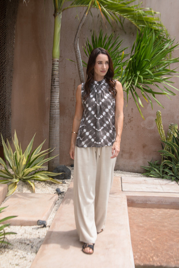Zaza High Neck Top in Truffle/Cream, worn with the Luxe Drawstring Pant Quartz