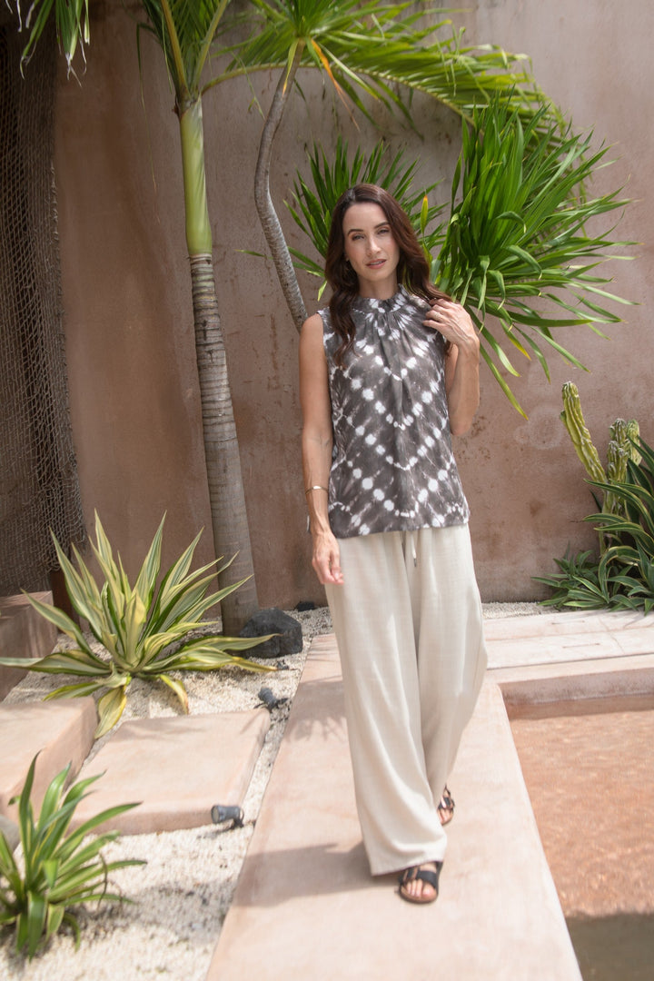 Zaza High Neck Top in Truffle/Cream, worn with the Luxe Drawstring Pant Quartz