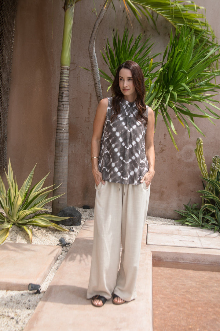 Zaza High Neck Top in Truffle/Cream, worn with the Luxe Drawstring Pant Quartz