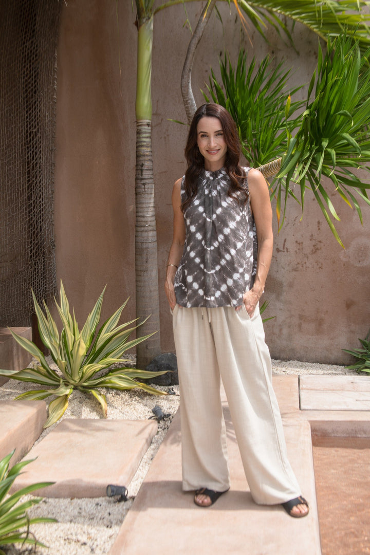 Zaza High Neck Top in Truffle/Cream, worn with the Luxe Drawstring Pant Quartz