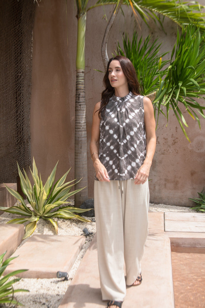 Zaza High Neck Top in Truffle/Cream, worn with the Luxe Drawstring Pant Quartz