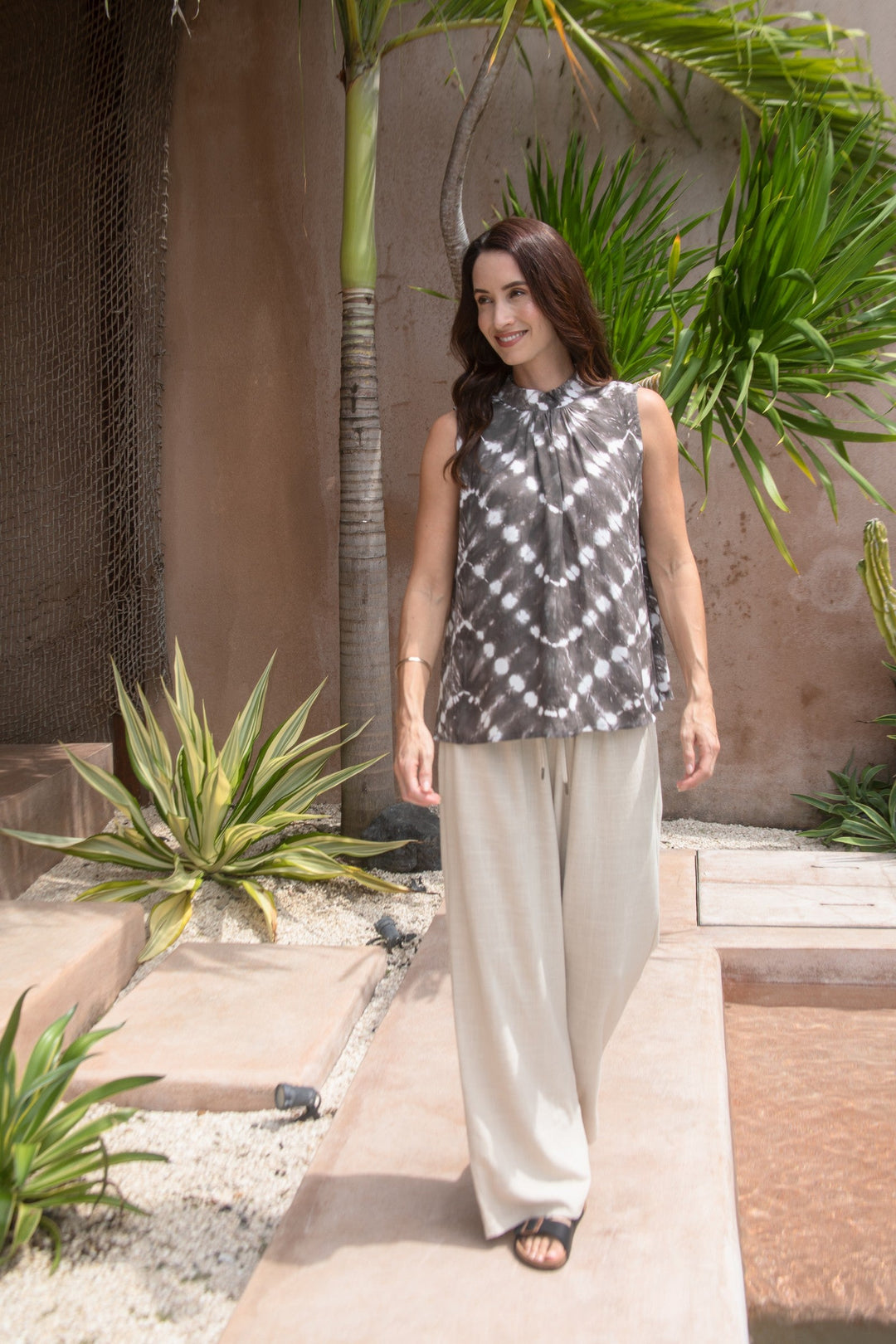 Zaza High Neck Top in Truffle/Cream, worn with the Luxe Drawstring Pant Quartz