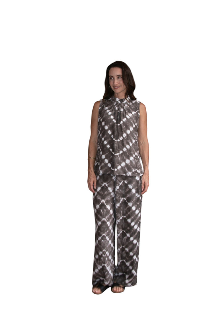 Zaza Pant in Truffle/Cream, styled under the Zaza High Neck Top Truffle Cream