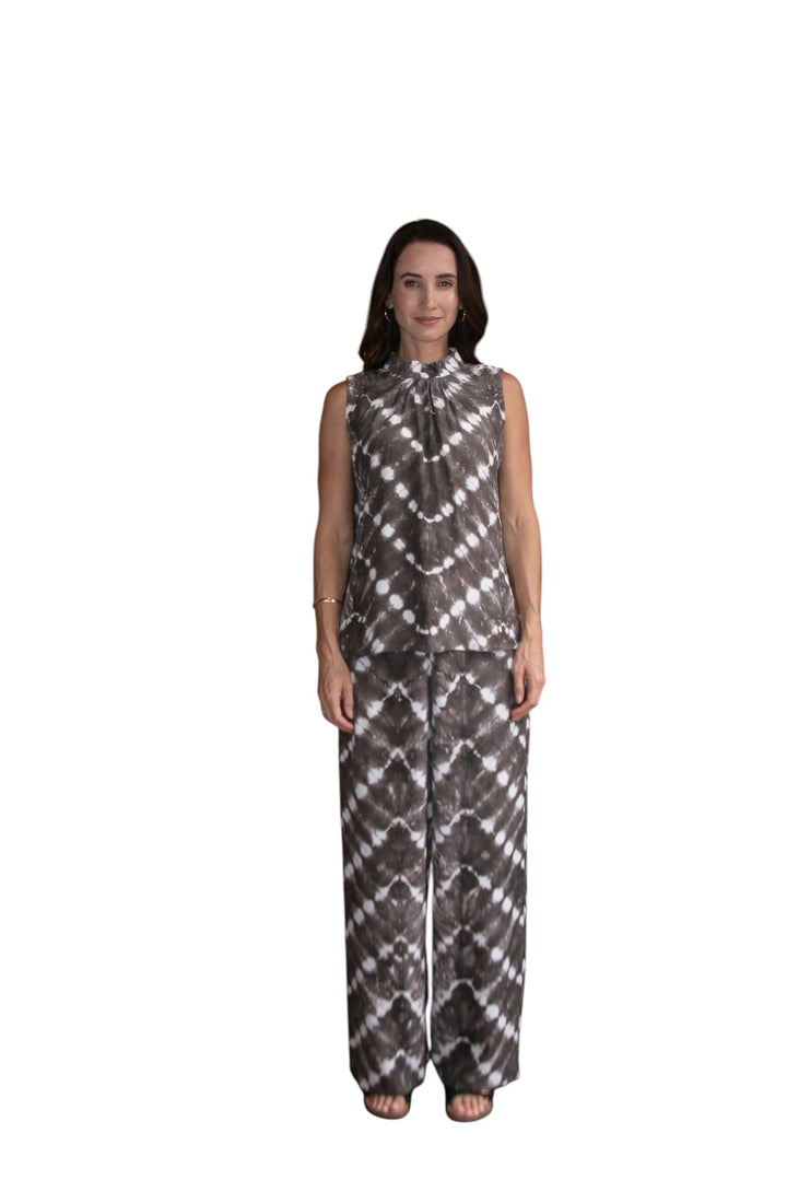 Zaza Pant in Truffle/Cream, styled under the Zaza High Neck Top Truffle Cream