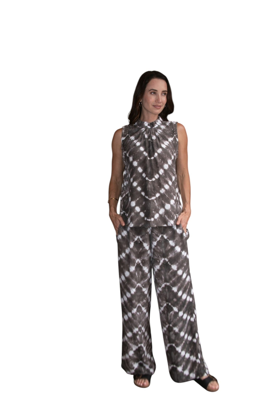 Zaza Pant in Truffle/Cream, styled under the Zaza High Neck Top Truffle Cream