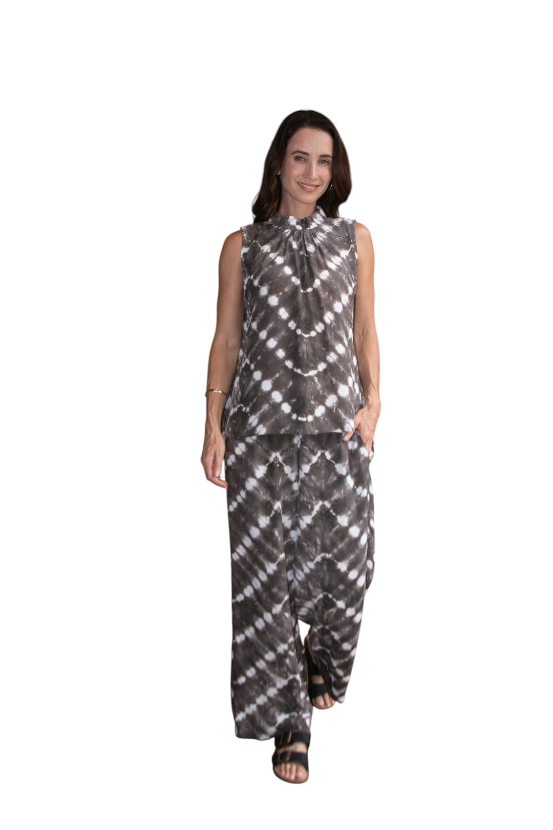 Zaza Pant in Truffle/Cream, styled under the Zaza High Neck Top Truffle Cream